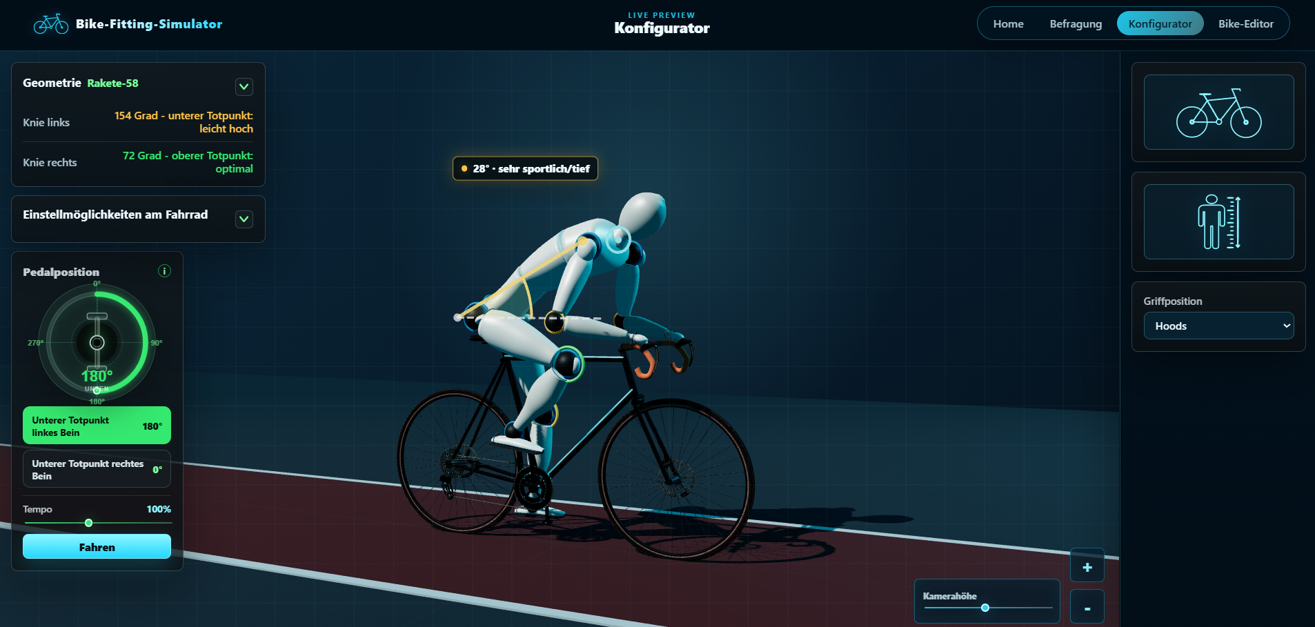 Vorschau des interaktiven Bikefitting-Simulators